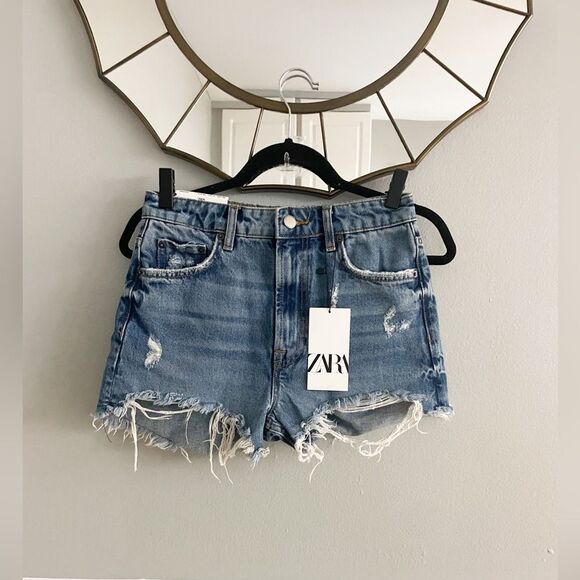 NWT Zara Medium Blue The Cut Off Shorts Size 2 Women's - Picture 1 of 13